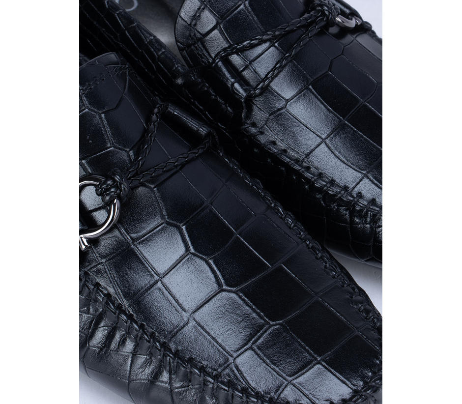 Black Croco Effect Leather Moccasins